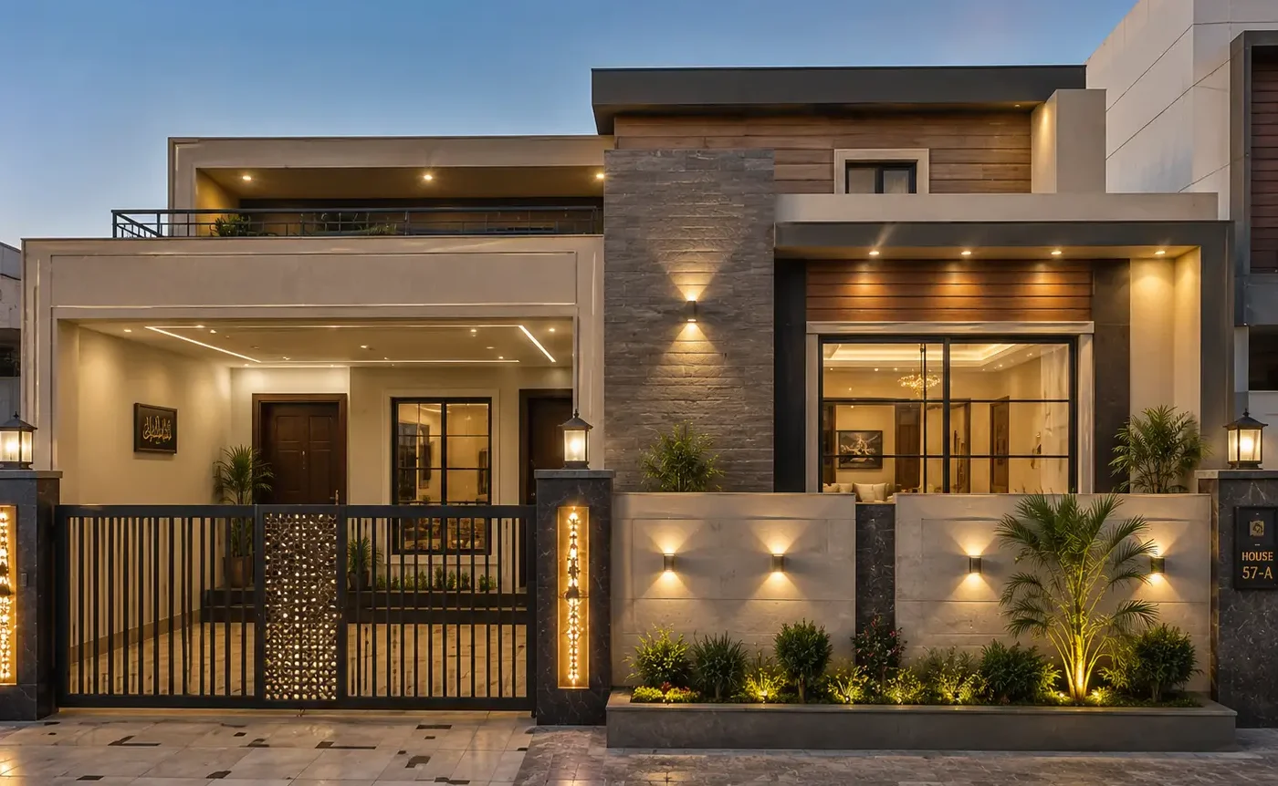 Beautiful modern 5 marla house front elevation with contemporary architecture, covered car porch, large windows, landscaped entrance, and exterior lighting.