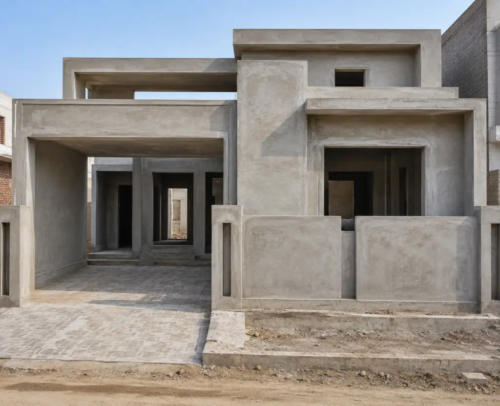 Unfinished modern 5 marla house with plastered exterior walls, covered car porch, large openings, flat roof design, and construction details.