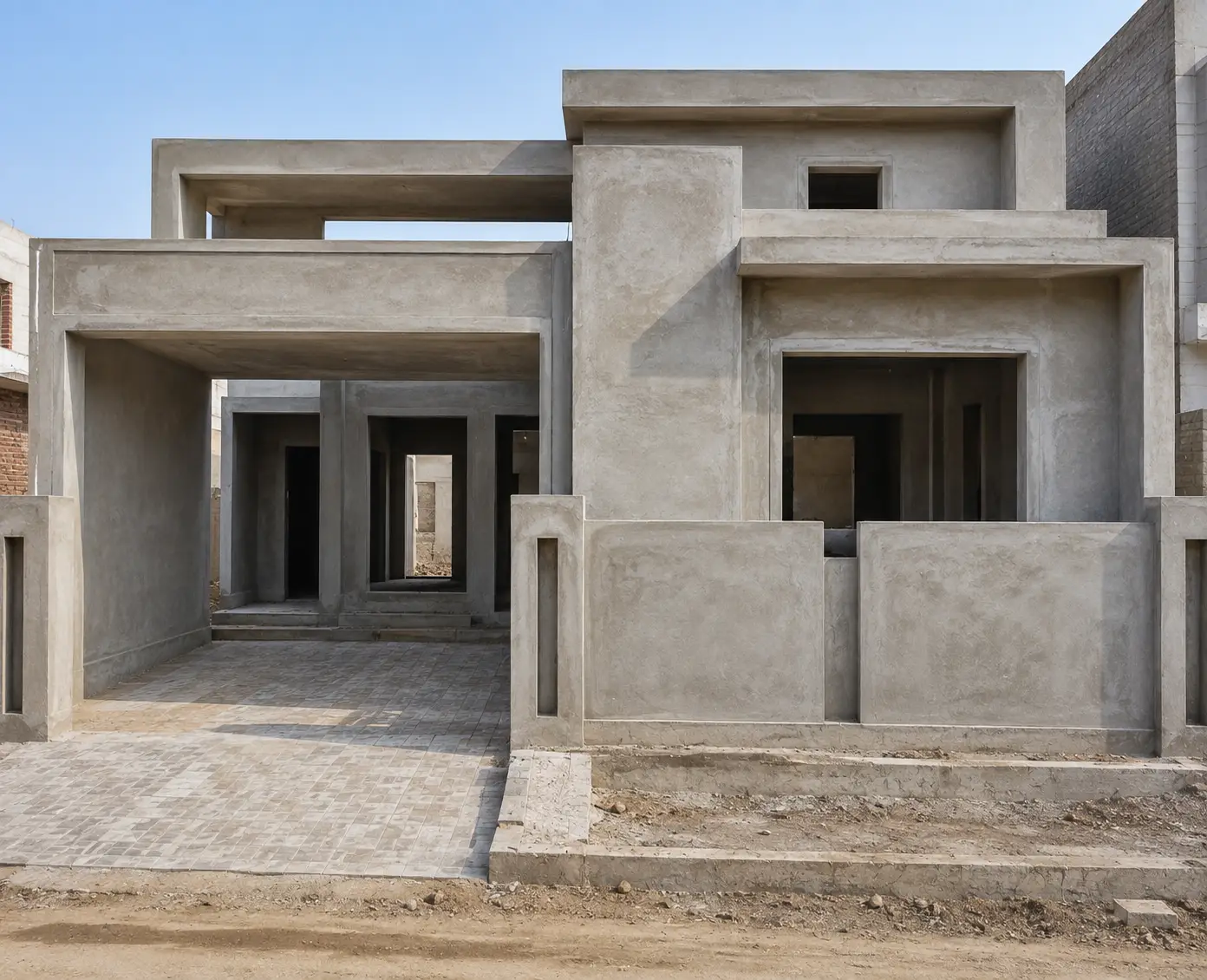 Unfinished modern 5 marla house with plastered exterior walls, covered car porch, large openings, flat roof design, and construction details.