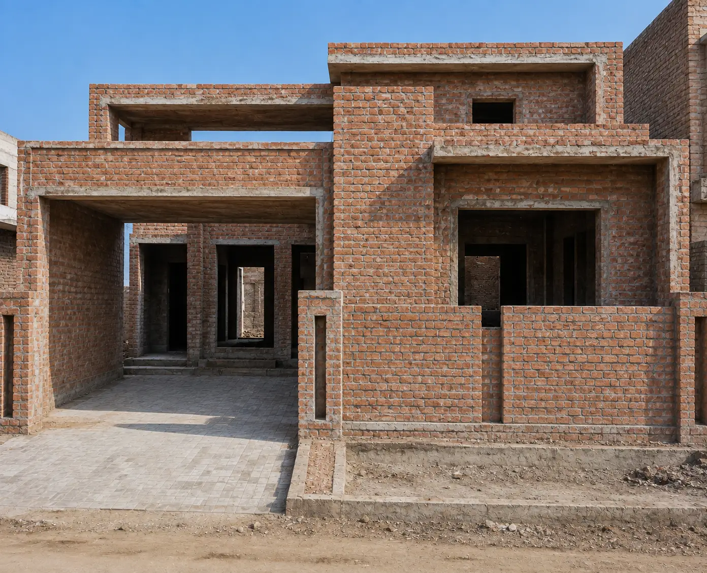 Unfinished 5 marla house made with exposed red brick walls, concrete beams, window openings, covered car porch, and modern architectural structure.