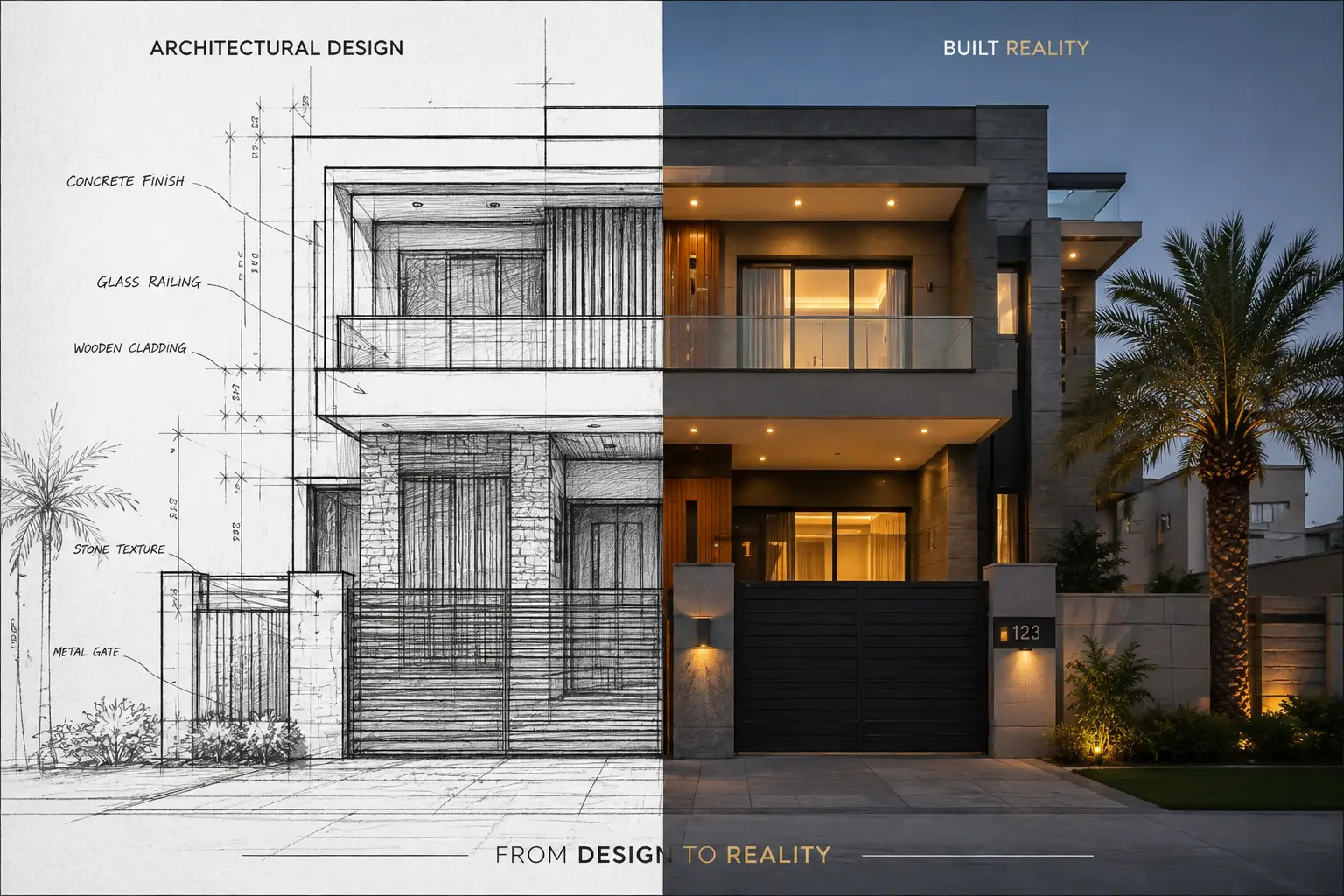 Modern house architectural design and completed construction facade showing design-to-reality transformation