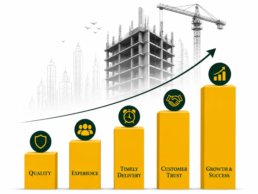 YS RAWK Enterprises construction growth chart showing quality, experience, timely delivery, customer trust and successful building projects