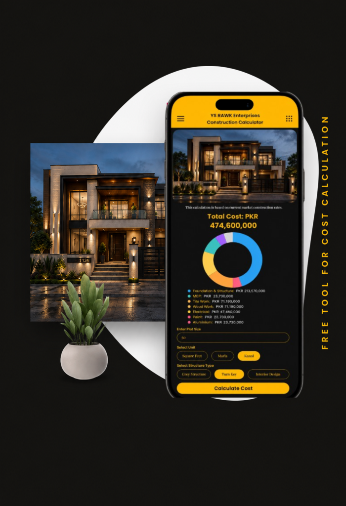 YS RAWK Enterprises construction cost calculator on mobile with luxury modern house and cost breakdown